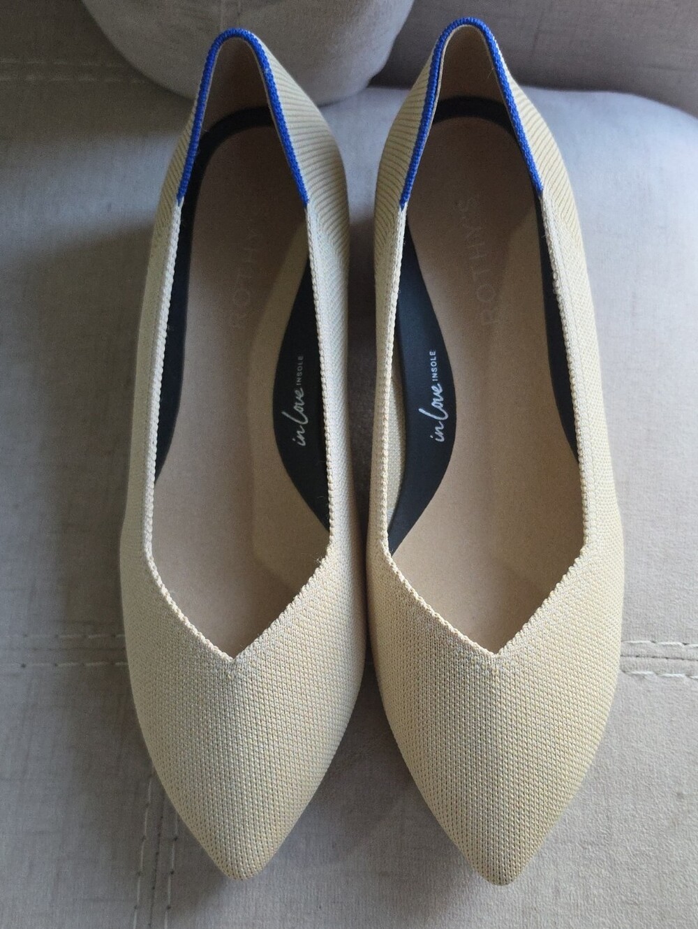 Rothy's Beige Pointed-Toe Flats with Blue Trim